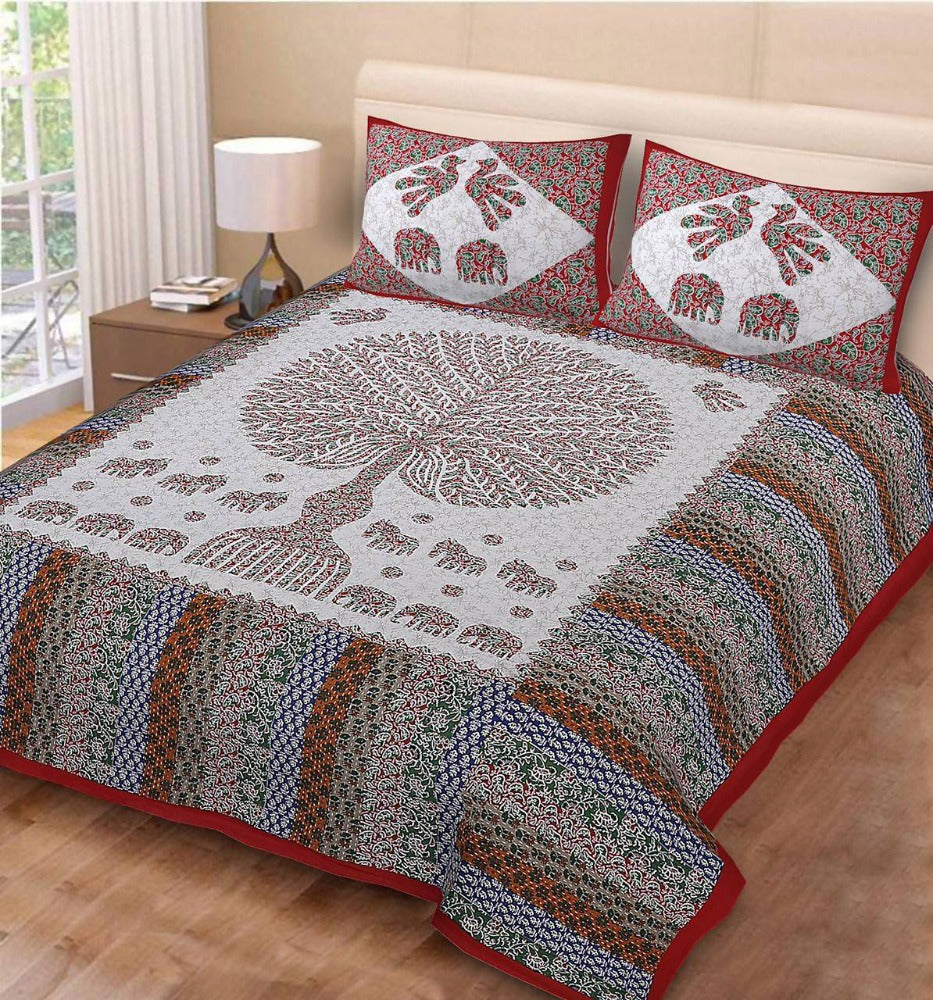 Vamika Printed Cotton Red Tree Stripe Bedsheet With Pillow Covers (PM Treestripe Red)