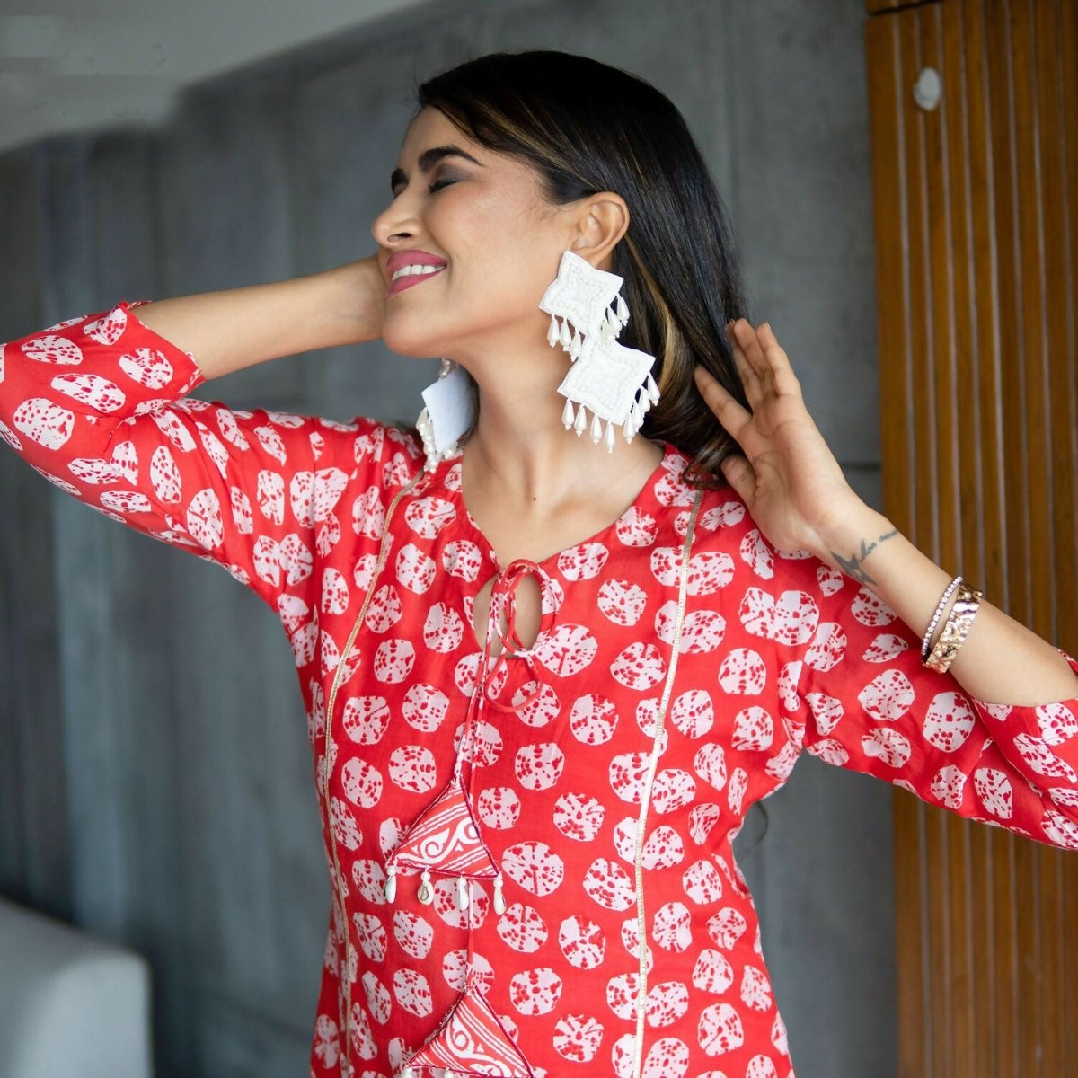 Aayaa Pure Muslin printed Kurti & Pant - Red