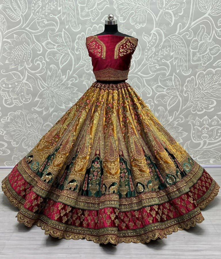 Jyoti Fashion Women's Mustard Velvet Multi Thread Embroidered, Patch Work with Zircon Diamond Wedding Lehenga Choli