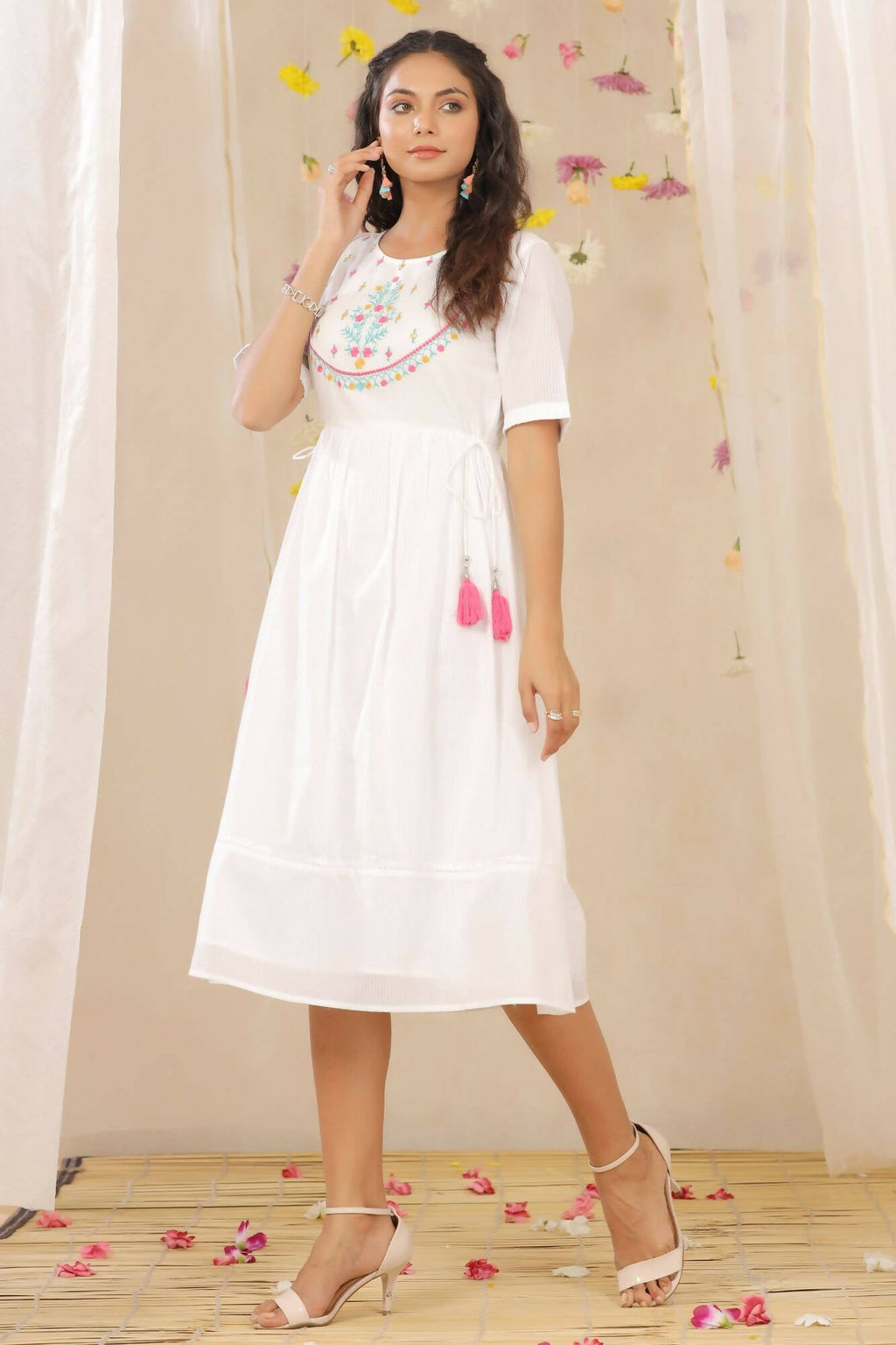 Juniper Women White Cotton Dobby Embroidered A-Line Dress - Distacart