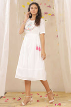 Juniper Women White Cotton Dobby Embroidered A-Line Dress - Distacart