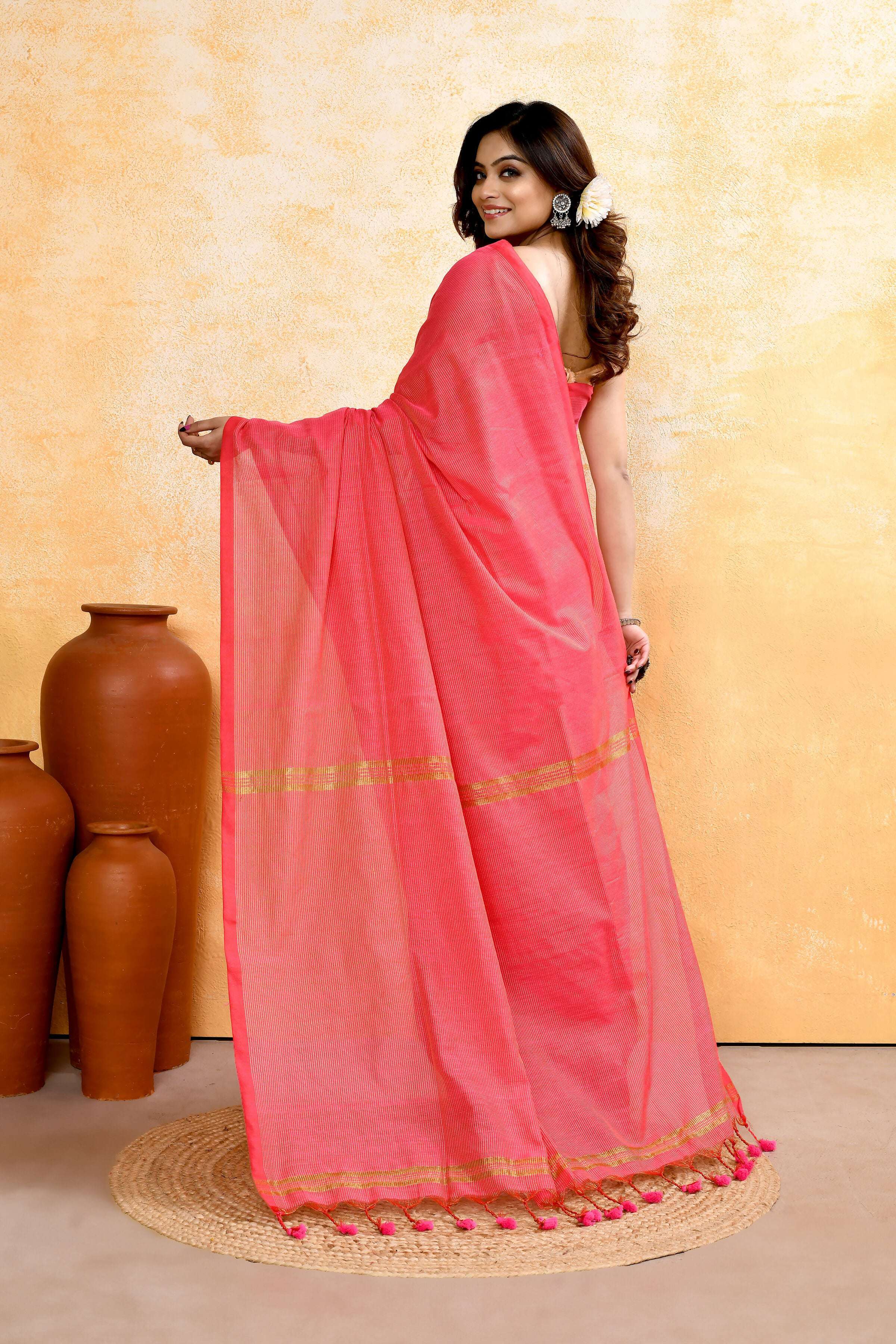Piyari Fashion Women's Pink Embellished Cotton Blend Zari Check Handloom Saree - Distacart
