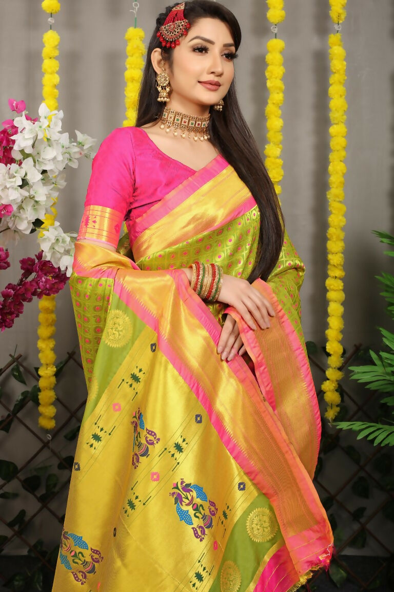 Jyoti Fashion Women's Green Banarasi Silk Zari Woven Saree with Blouse