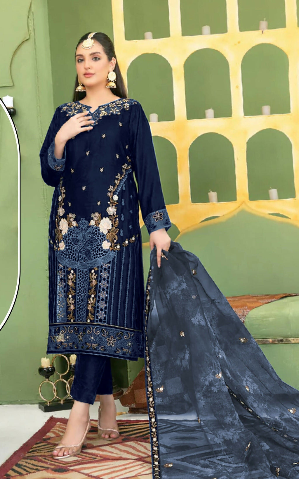 Anaita Navy Blue Velvet Suit with Embroidery Sequence Work - Distacart