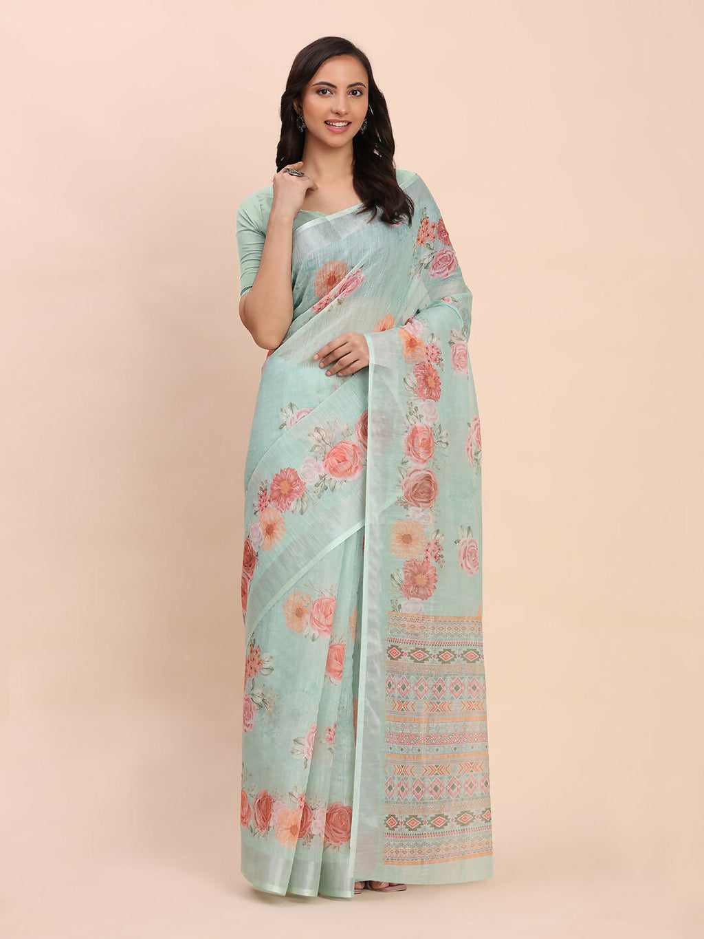 Shree Shyam Fashion Linen Cotton Sea Green Saree - Distacart
