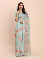 Shree Shyam Fashion Linen Cotton Sea Green Saree - Distacart