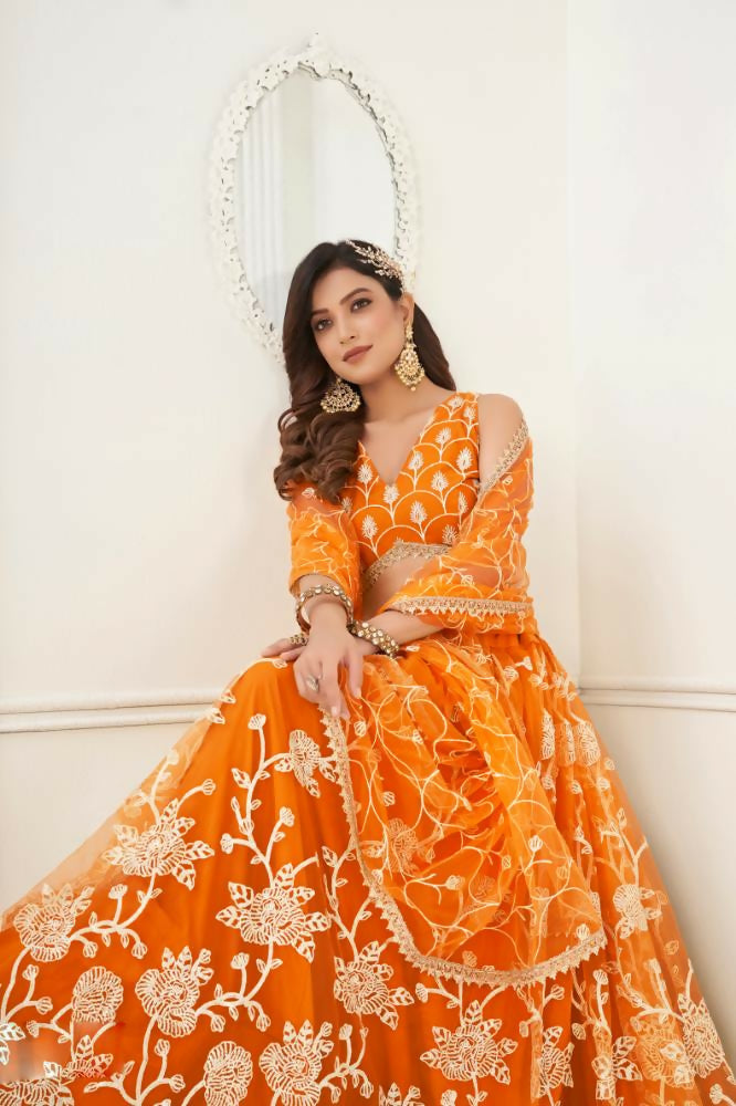 Aastha Fashion Orange Butterfly Net White Cotton Thread Work And Sequence Work Embroidery Wedding Wear Lehenga Choli