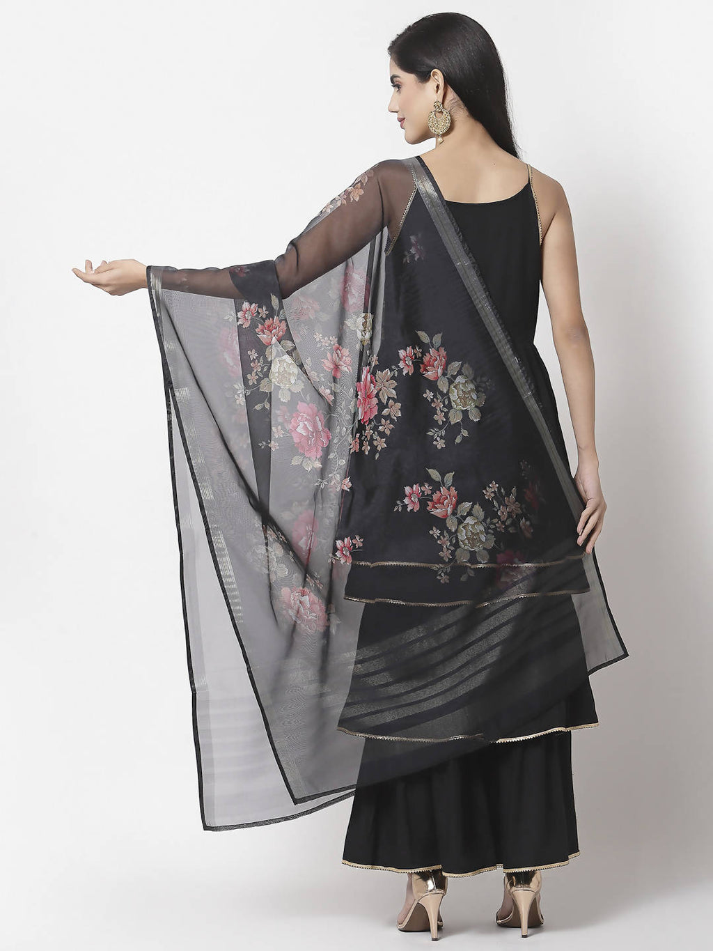 Myshka Women Black Rayon Solid Sleeveless Round Neck Kurta With Sharara & Dupatta Set