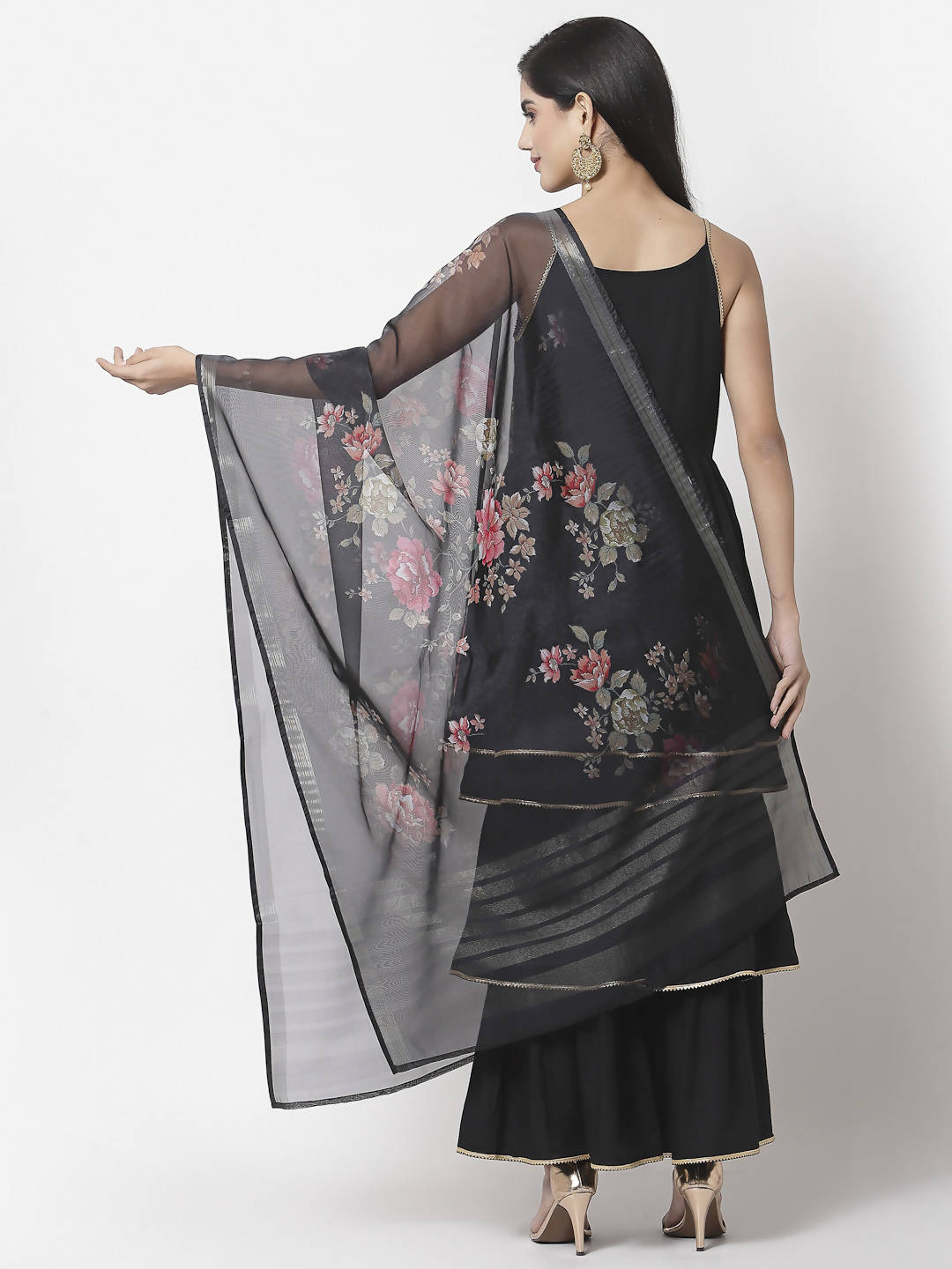 Myshka Women Black Rayon Solid Sleeveless Round Neck Kurta With Sharara & Dupatta Set