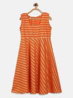 Ahalyaa Orange Crepe Gold Stripped Printed Kids Dress With Jacket For Girls