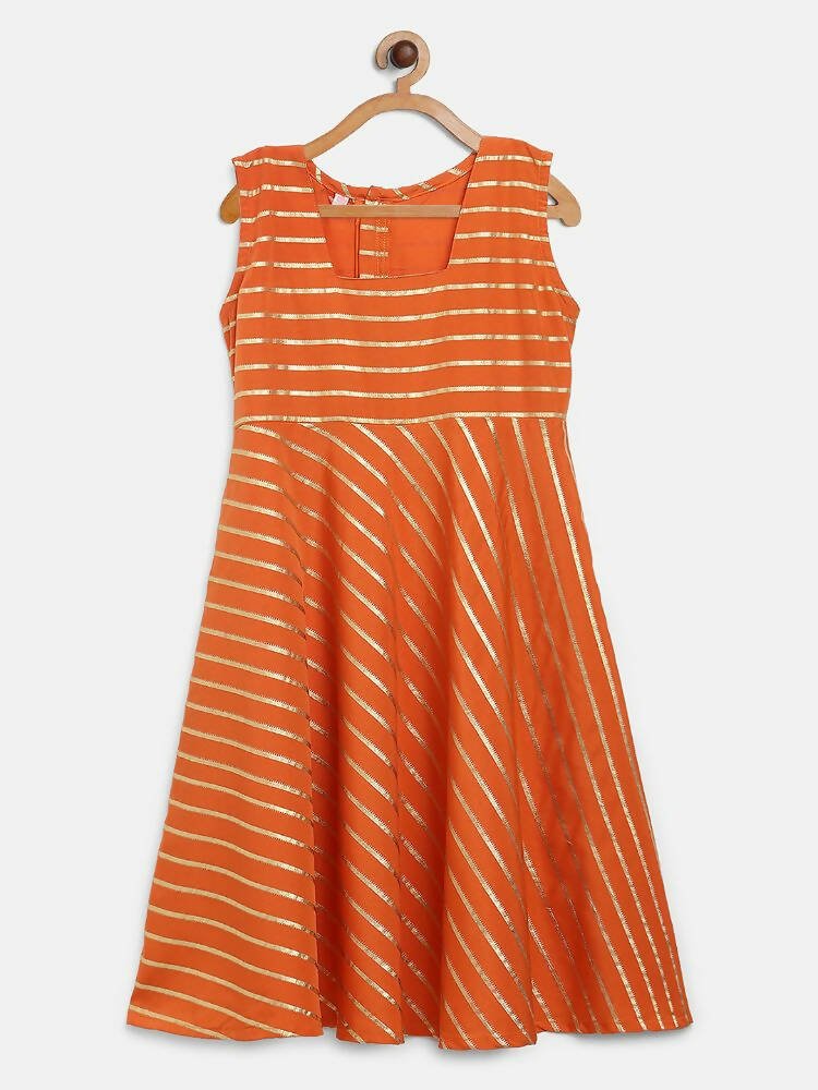 Ahalyaa Orange Crepe Gold Stripped Printed Kids Dress With Jacket For Girls