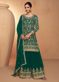 Green Real Chinnon Embroidered Wedding Festive Palazzo Suit - Emponline