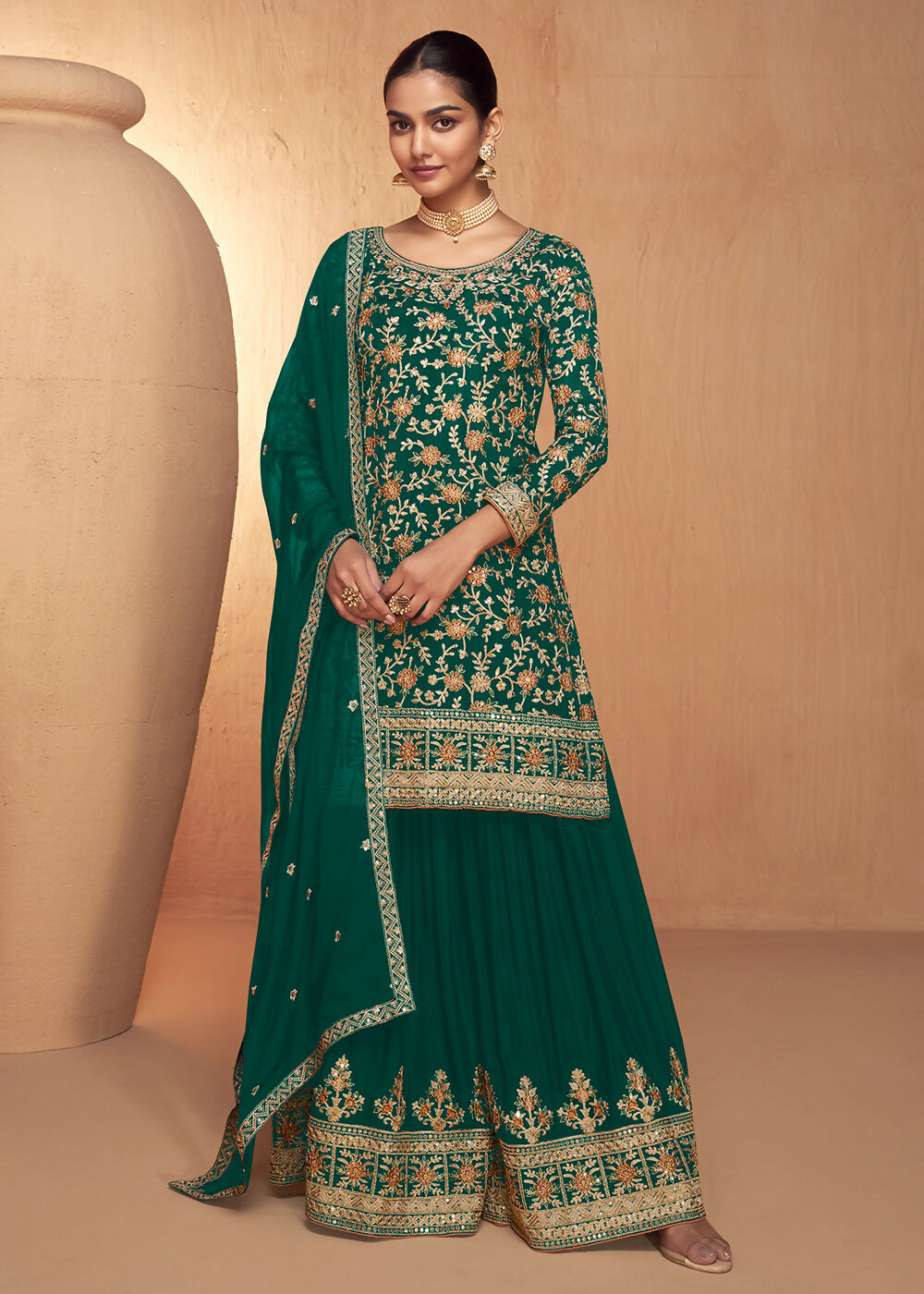Green Real Chinnon Embroidered Wedding Festive Palazzo Suit - Emponline