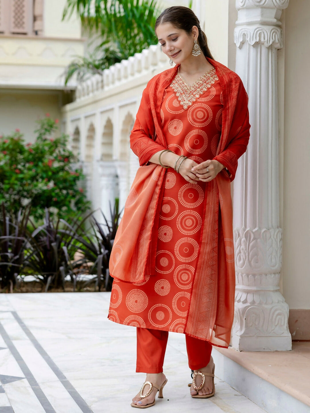 The52 Orange Women's Gorgeous Rayon Embroidered Straight Kurta with Pant And Dupatta Set - Distacart