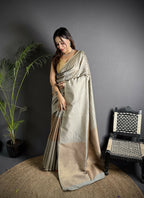Joban Fashion Grey Banarasi Soft Lichi Silk Checks & Woven Saree - Distacart
