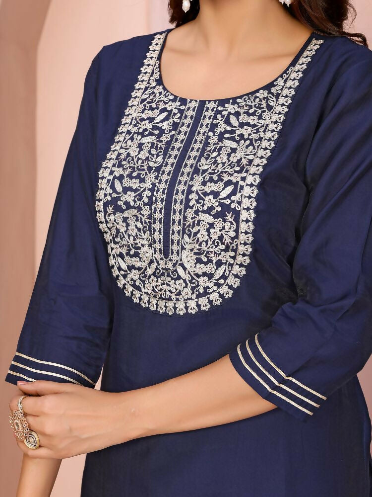 Joban Fashion Women Navy Blue Roman Embroidery Stitched Kurta Set - Distacart