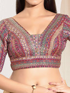 Joban Fashion Purple Multi Brocade Padded Blouse With V Neck Elbow Sleeves - Distacart