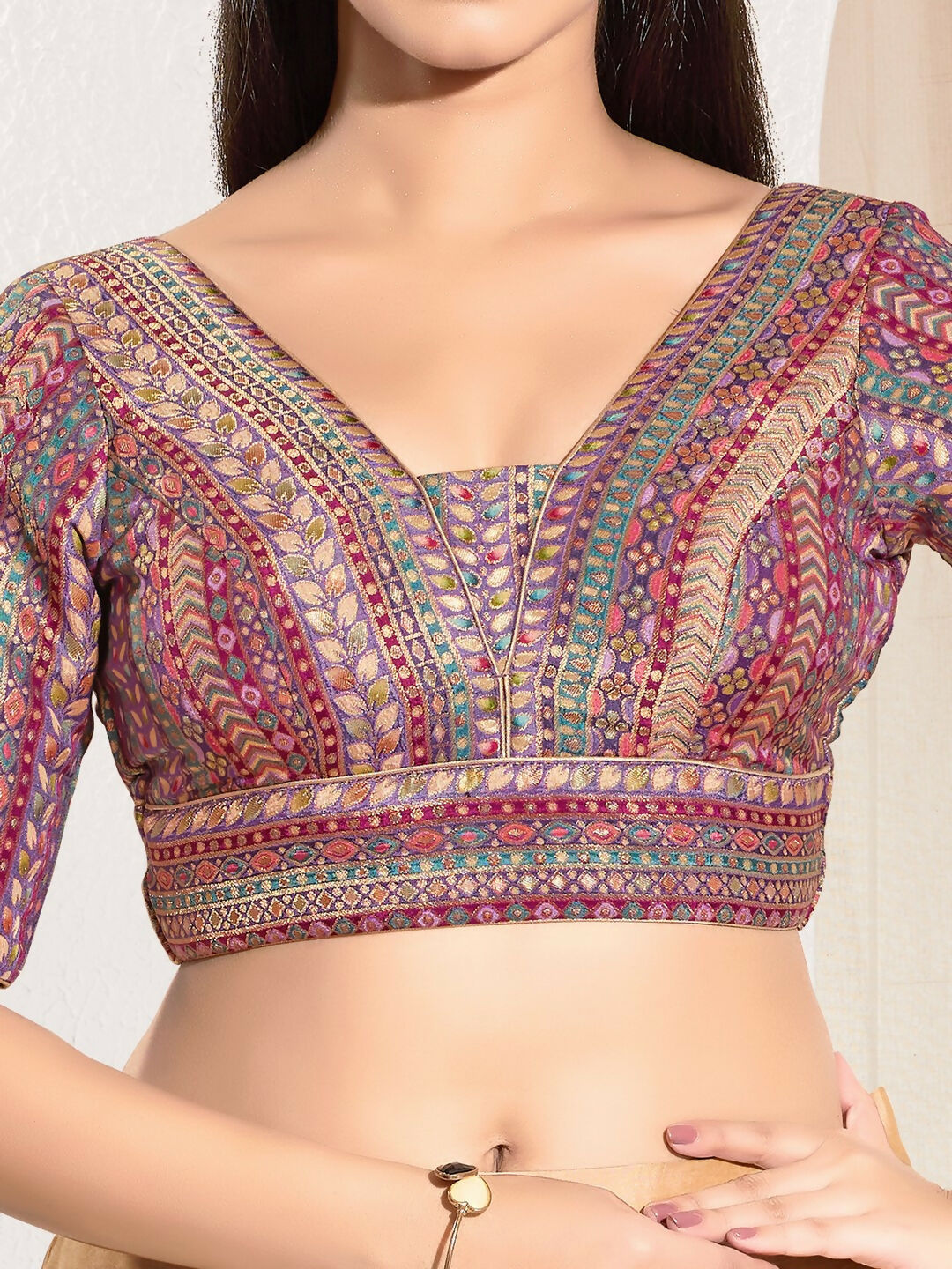 Joban Fashion Purple Multi Brocade Padded Blouse With V Neck Elbow Sleeves - Distacart