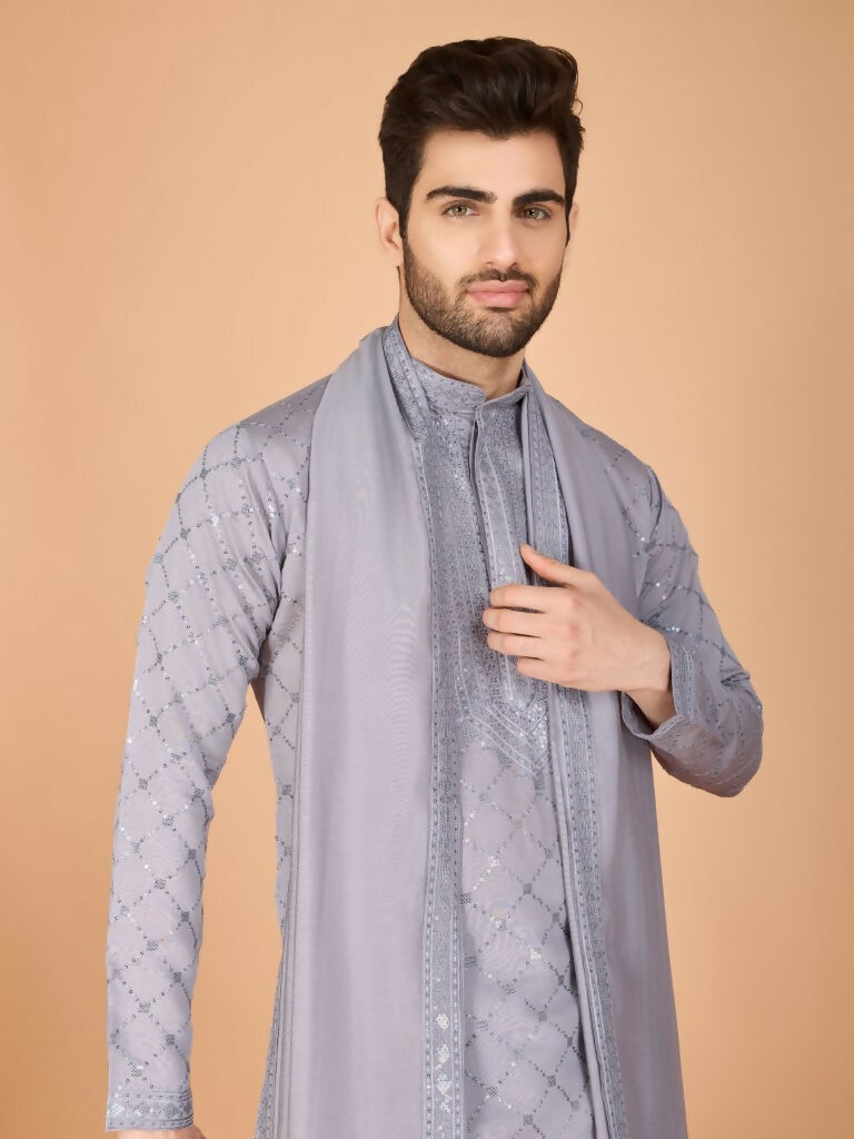Vastranavya Grey Exclusive Festival Wear Viscose Silk Thread with Sequence Embroidered Work Kurta with Dupatta