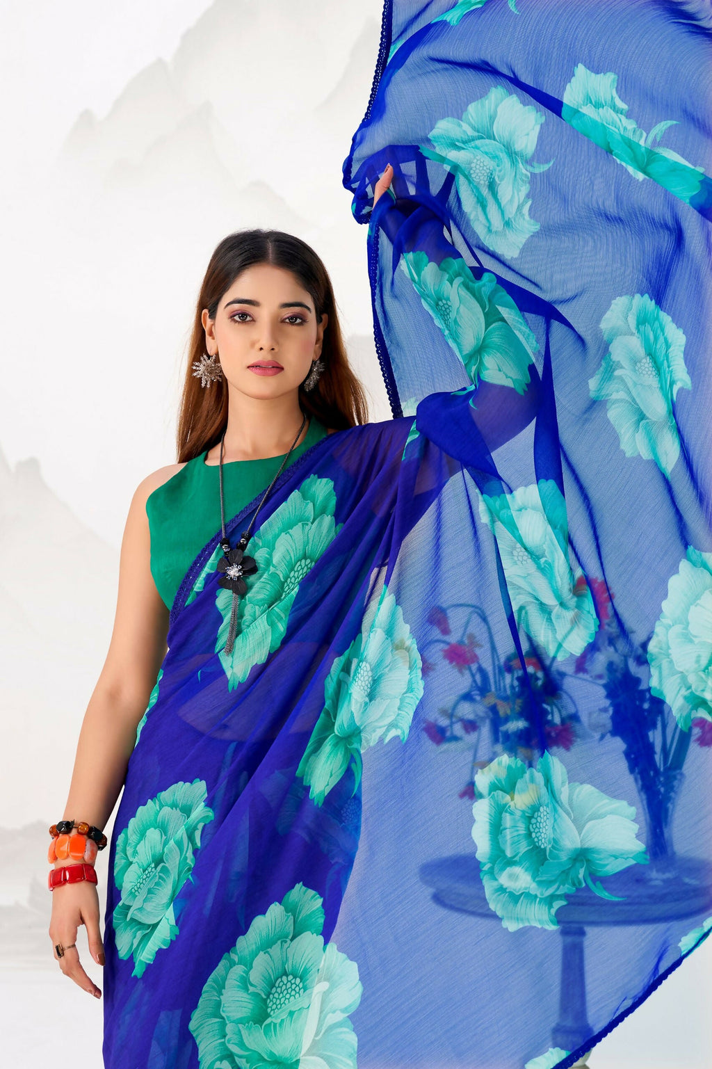 Vastranavya Royal Blue Floral Print with Lace Border work Chiffon Saree & Unstitched Blouse - Distacart