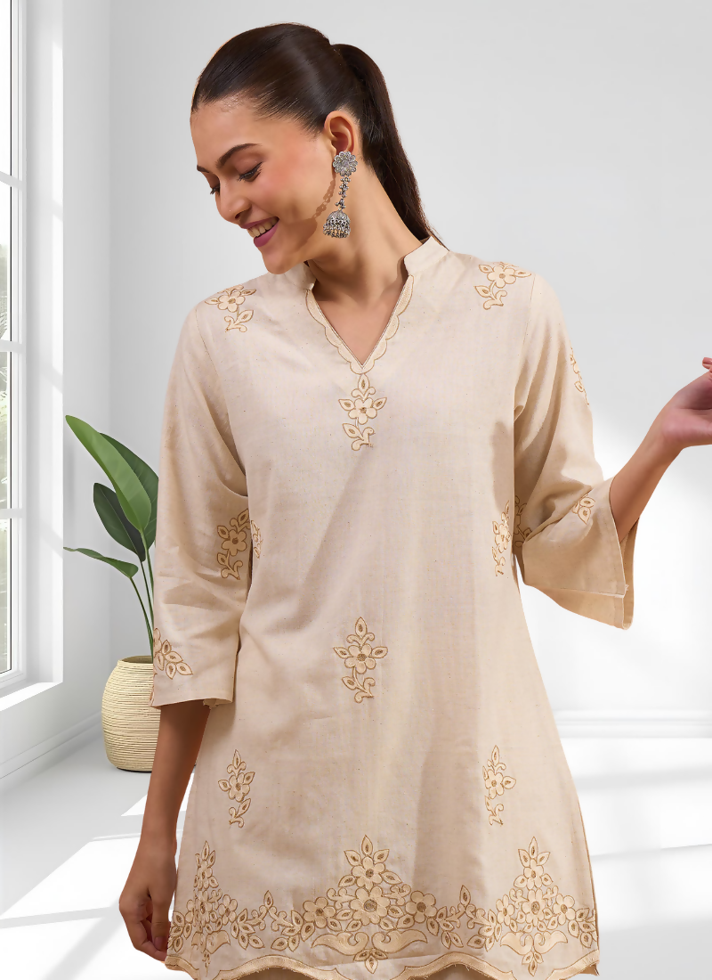 Joban Fashion Beige Linen Embroidered Readymade Cord Set - Distacart