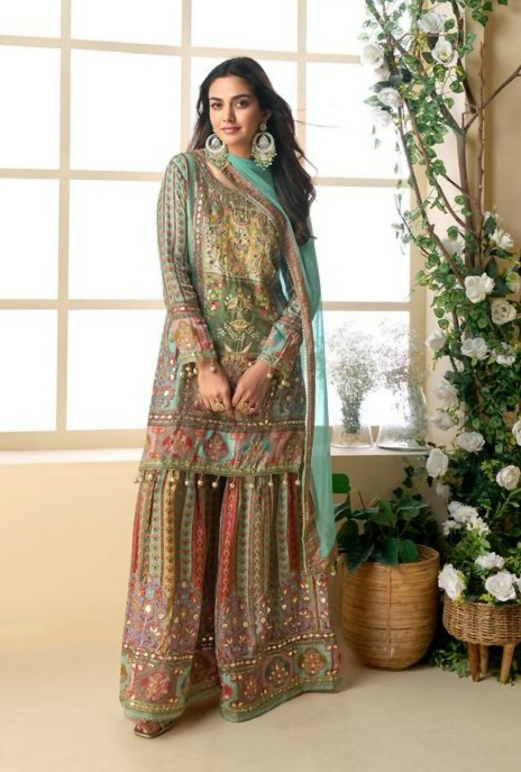 Anaita Sea Green Heavy Crepe Silk Ready Made Suit with Multi Digital Printed & Aari Work - Distacart