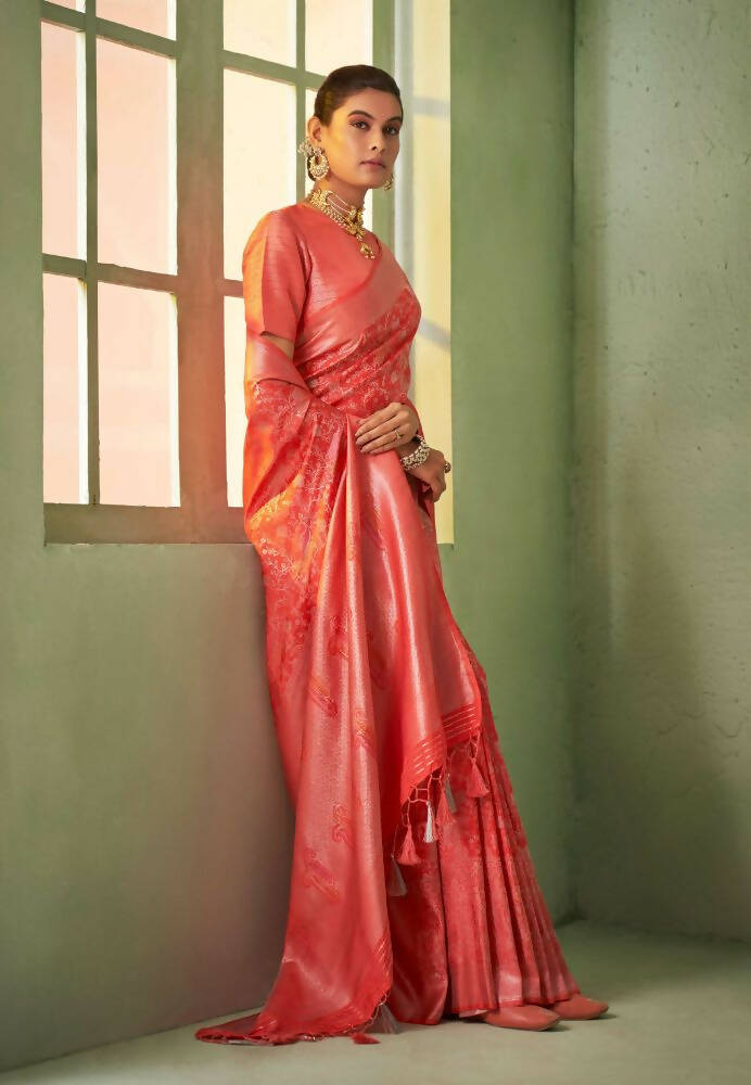 Elegant Designer Tomato Red Color Kanjivaram Silk Saree With Weaving Work - Yomika Fashions