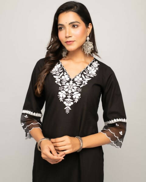 FIORRA Women's Black Cotton Straight Kurta Palazzo Set