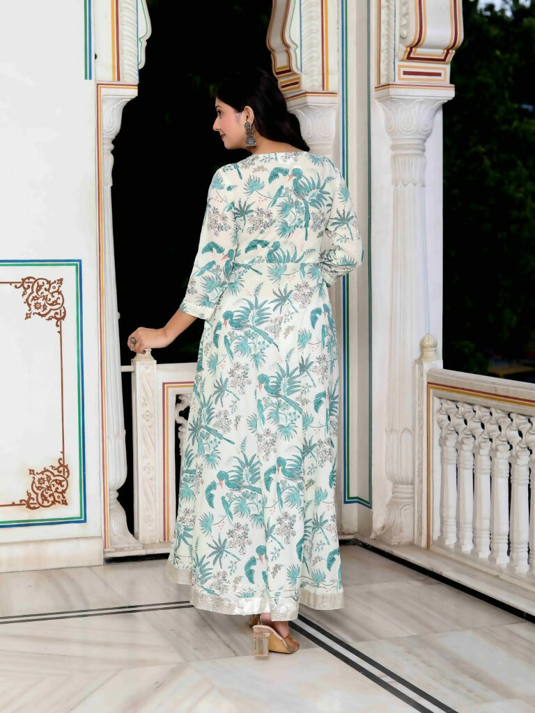 Miravan Women's Light Green Cotton Gotapatti And Lace Border Birds And Leaf Anarkali Kurta