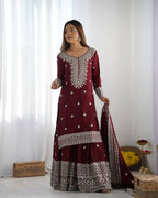 Joban Fashion Maroon Kurta Set Silk Sequins , Zari, Coding & Thread Embroidered work - Distacart