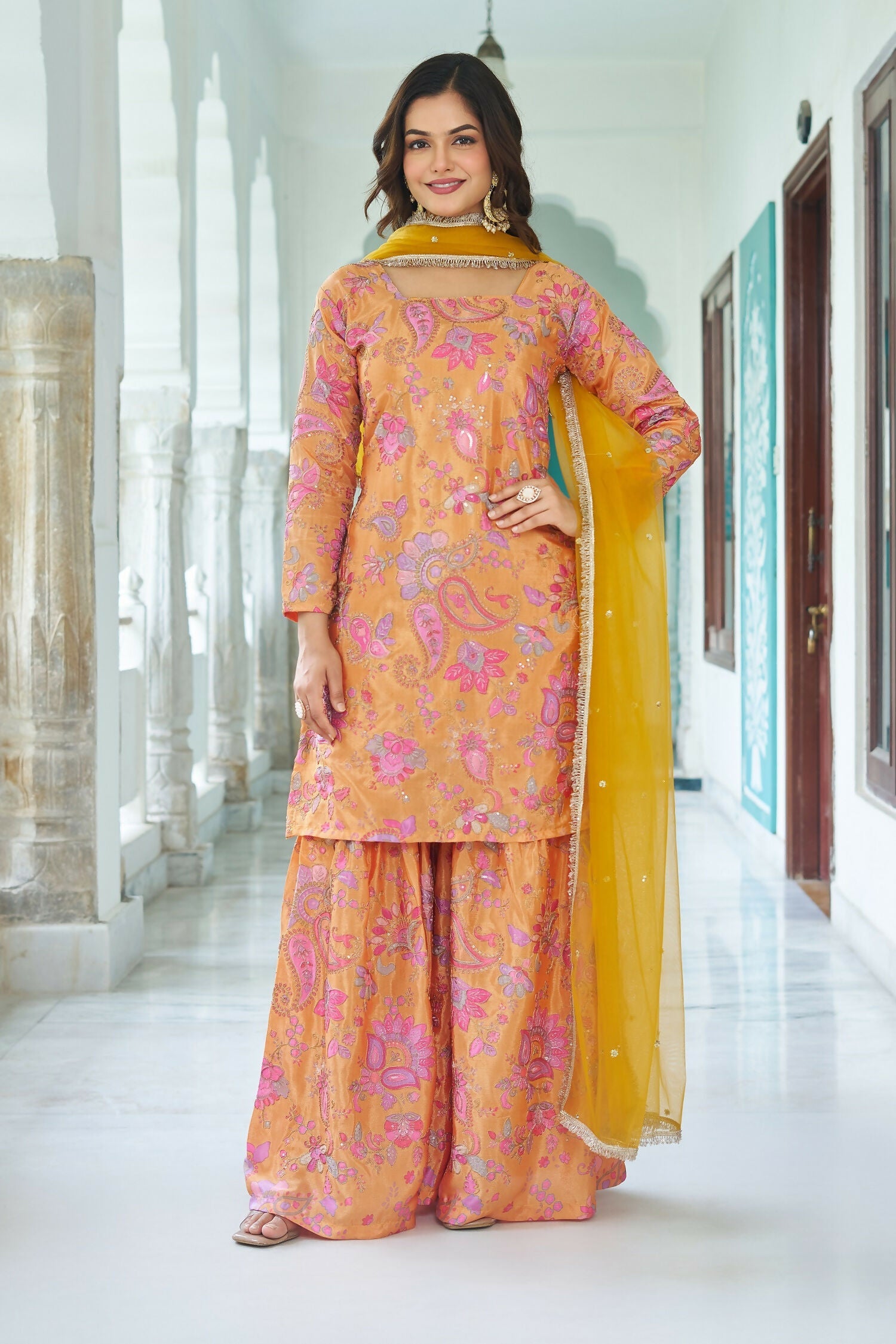 Joban Fashion Yellow Kurta Set Chinnon Embroidery Sequence Work - Distacart
