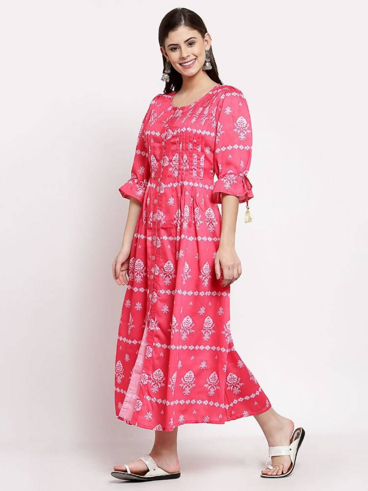 Myshka Women's Pink Cotton Printed 3/4 Sleeve Round Neck Casual Dress