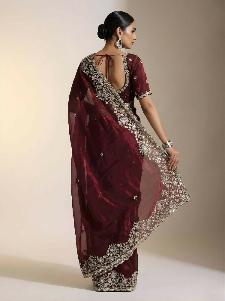 Joban Fashion Maroon Fandy Satin Silk Party Wear Sarees - Distacart