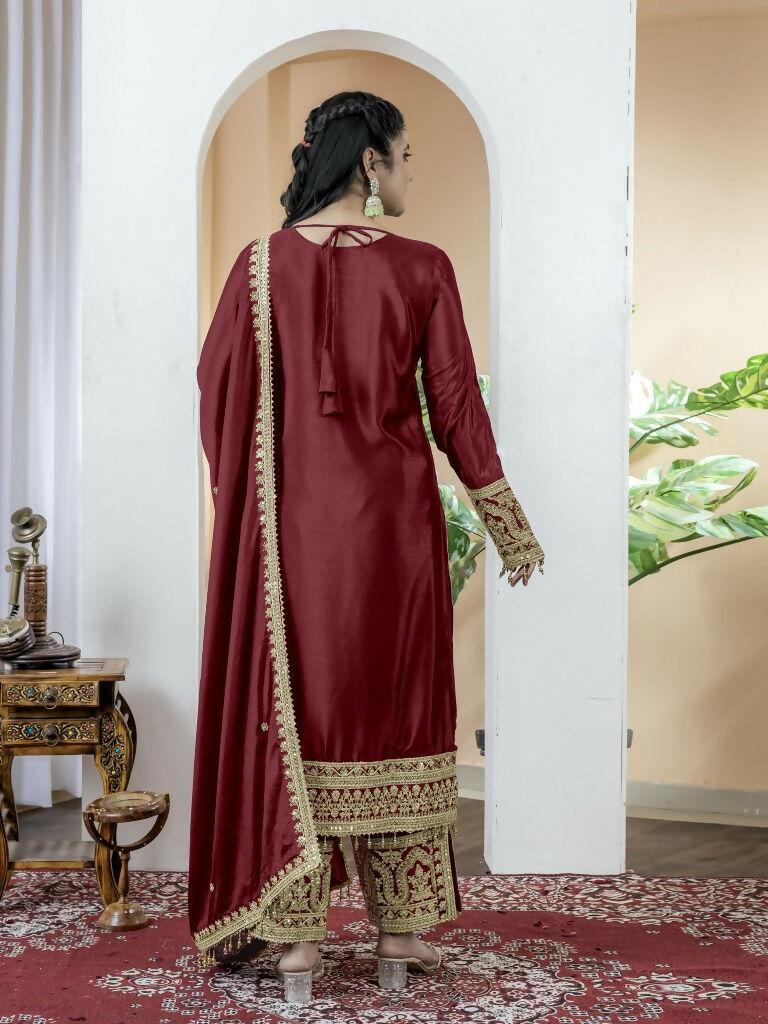 Teeya Creation Maroon Color Chinnon Silk Embroidery Work Fully Stitched Salwar Suit - Distacart