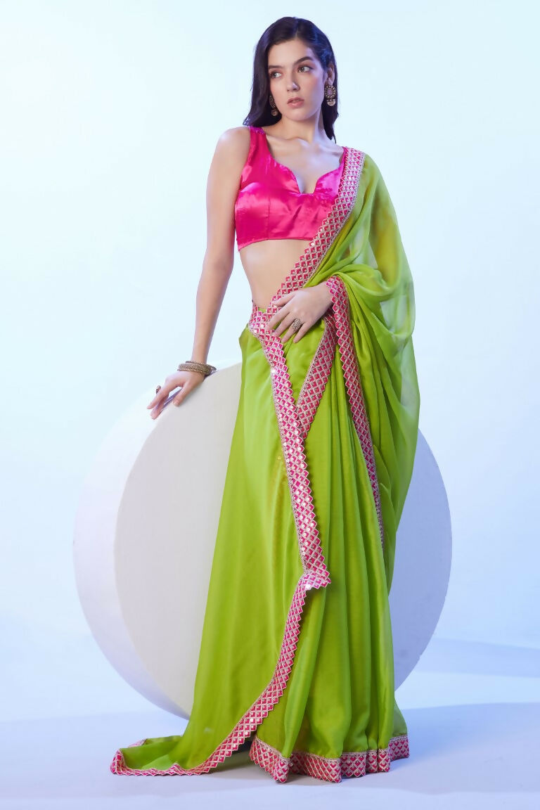 Green Moss Solid Designer & Lace Work Saree - Samaa