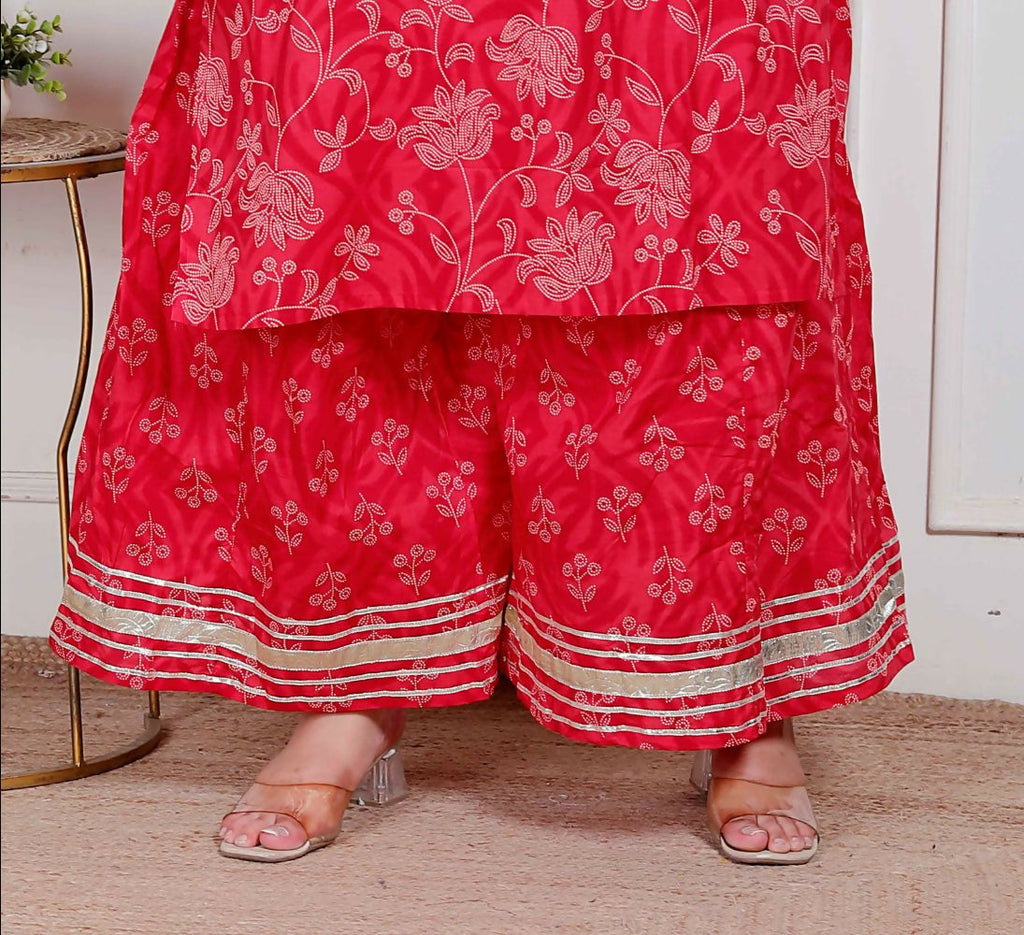 Miravan Plus Size Red Floral Print Embroidered Cotton Straight Kurta With Palazzo & Dupatta - Distacart