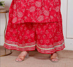 Miravan Plus Size Red Floral Print Embroidered Cotton Straight Kurta With Palazzo & Dupatta - Distacart