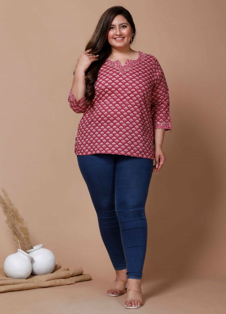 Miravan Women's Plus Size Pink Floral Printed Cotton Kurti