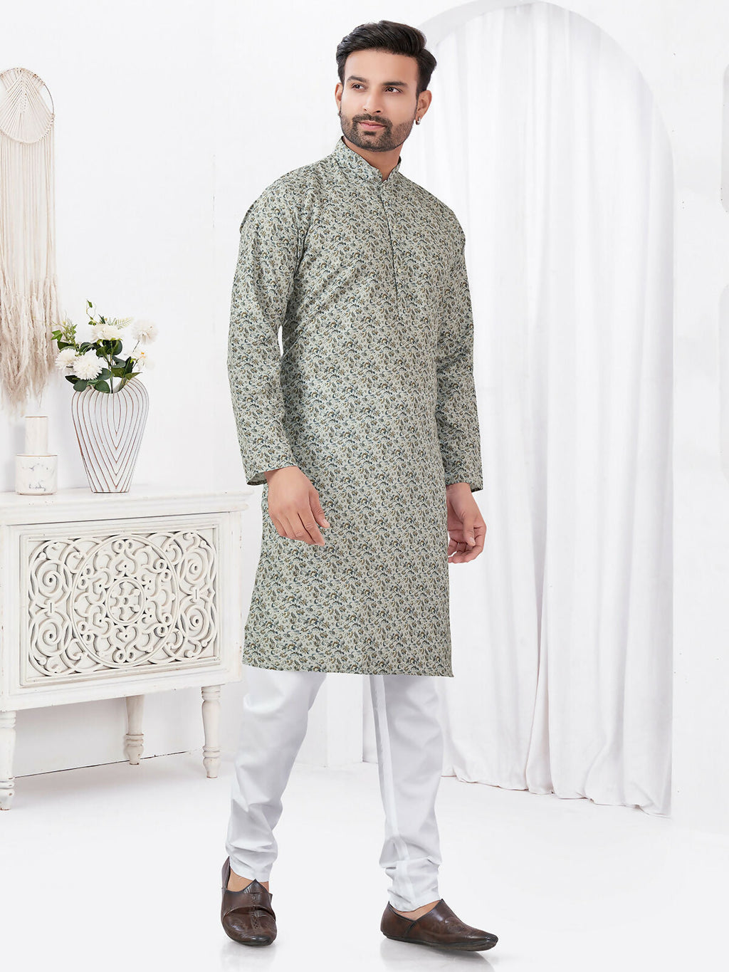 Joban Fashion Men's Rayon Cotton Cream Printed Kurta Pyjama set
