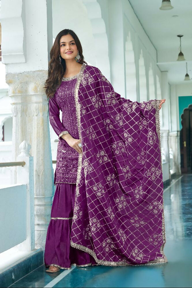 Teeya Creation Wine Colour Chinnon Silk Heavy Embroidery Work Fully Stitched Salwar Suit - Distacart