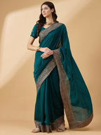 Teal Silk Blend Embroidered Saree with Unstitched Blouse - Vairagi