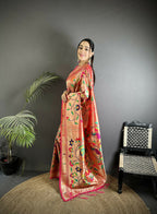 Joban Fashion Reddish Pink Peacock And Floral Soft Silk Paithani Saree - Distacart