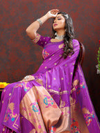 Lorenvalley Fashion Wine Soft Paithani Silk Woven Design Copper Zari Meenakari Weaving Saree