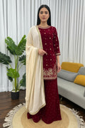 Joban Fashion Deep Maroon Velvet Embroidery Kurta Set - Distacart