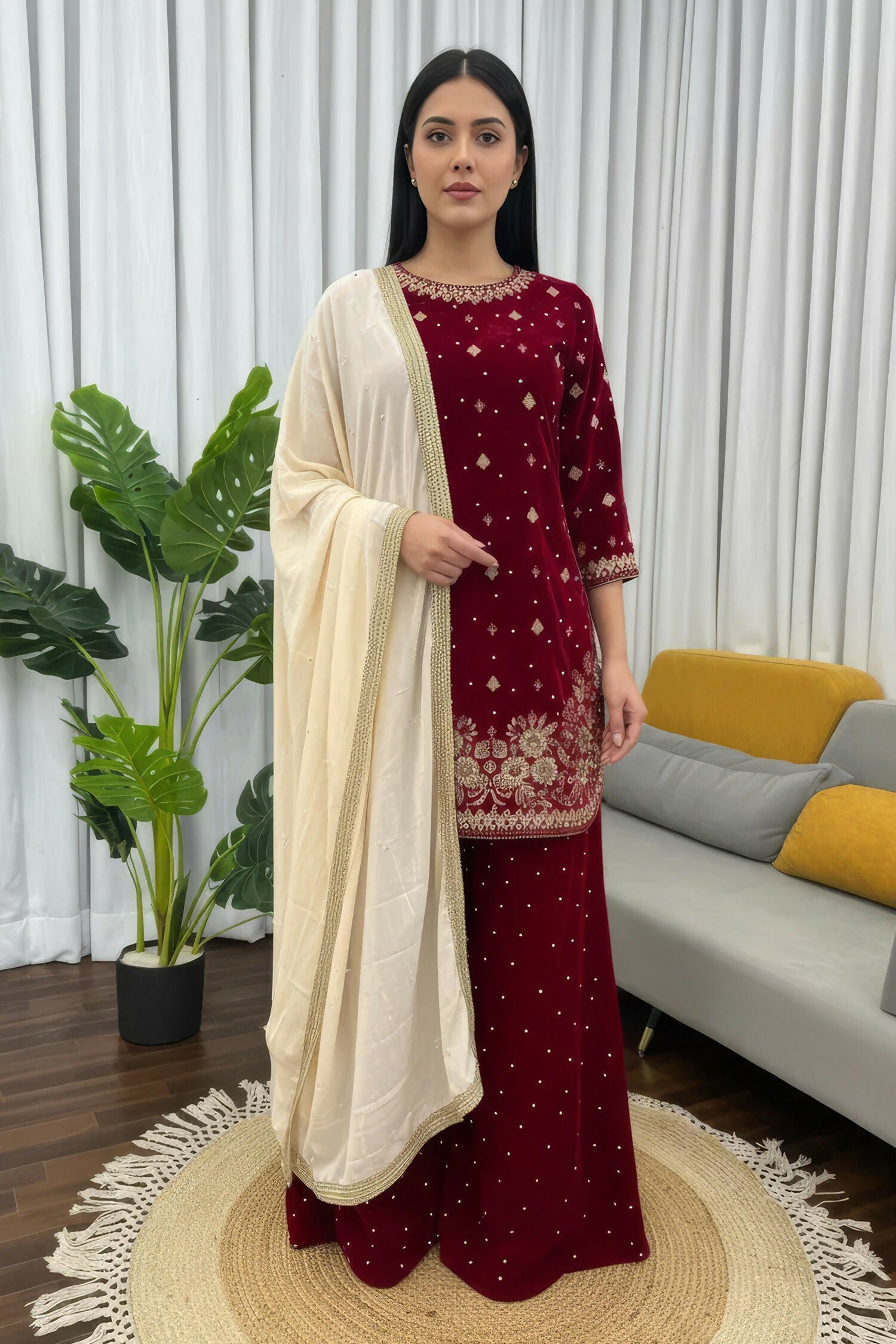 Joban Fashion Deep Maroon Velvet Embroidery Kurta Set - Distacart