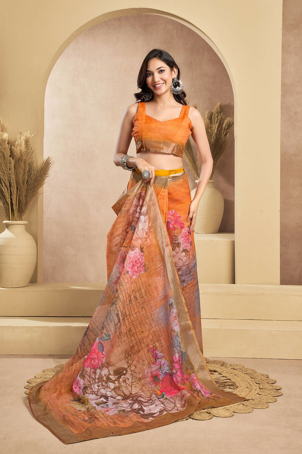 Vastranavya Orange Digital Printed Linen Ready To Wear Designer Saree with Unstitched Blouse - Distacart