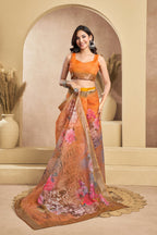 Vastranavya Orange Digital Printed Linen Ready To Wear Designer Saree with Unstitched Blouse - Distacart