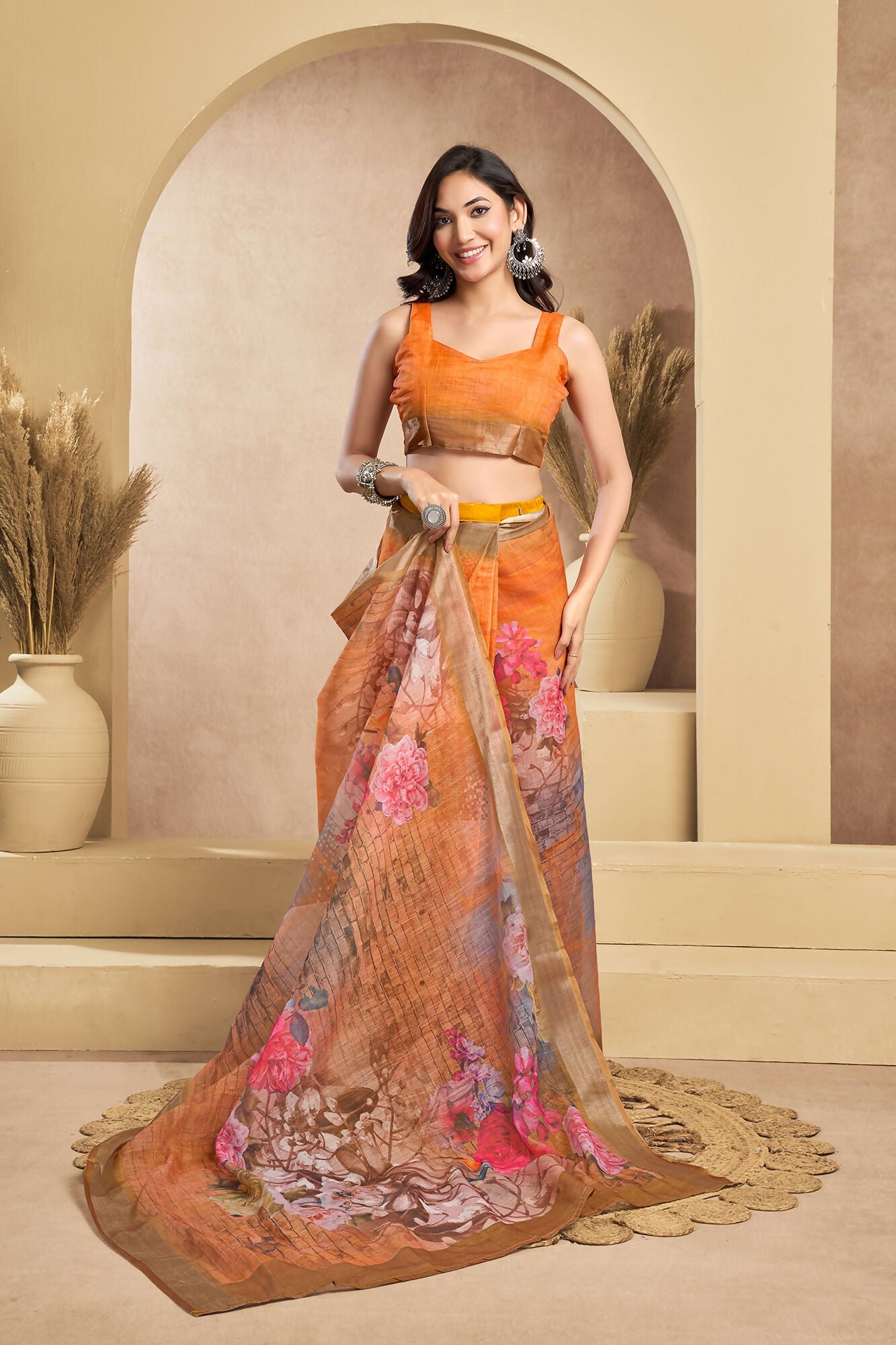 Vastranavya Orange Digital Printed Linen Ready To Wear Designer Saree with Unstitched Blouse - Distacart