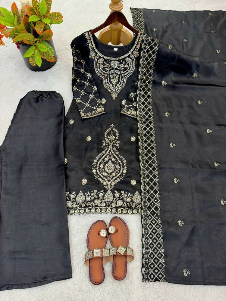 Teeya Creation Black Color Gimmychu Silk Embroidery Work Wedding Wear Salwar Suit - Distacart