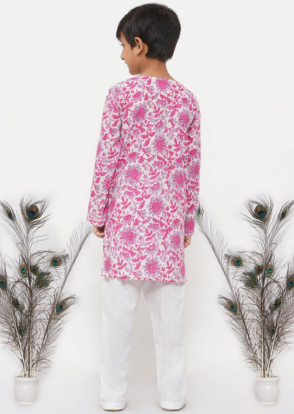 Little Bansi Boys Cotton Floral Kurta with Pearl Buttons & Pyjama in Pink & Cream
